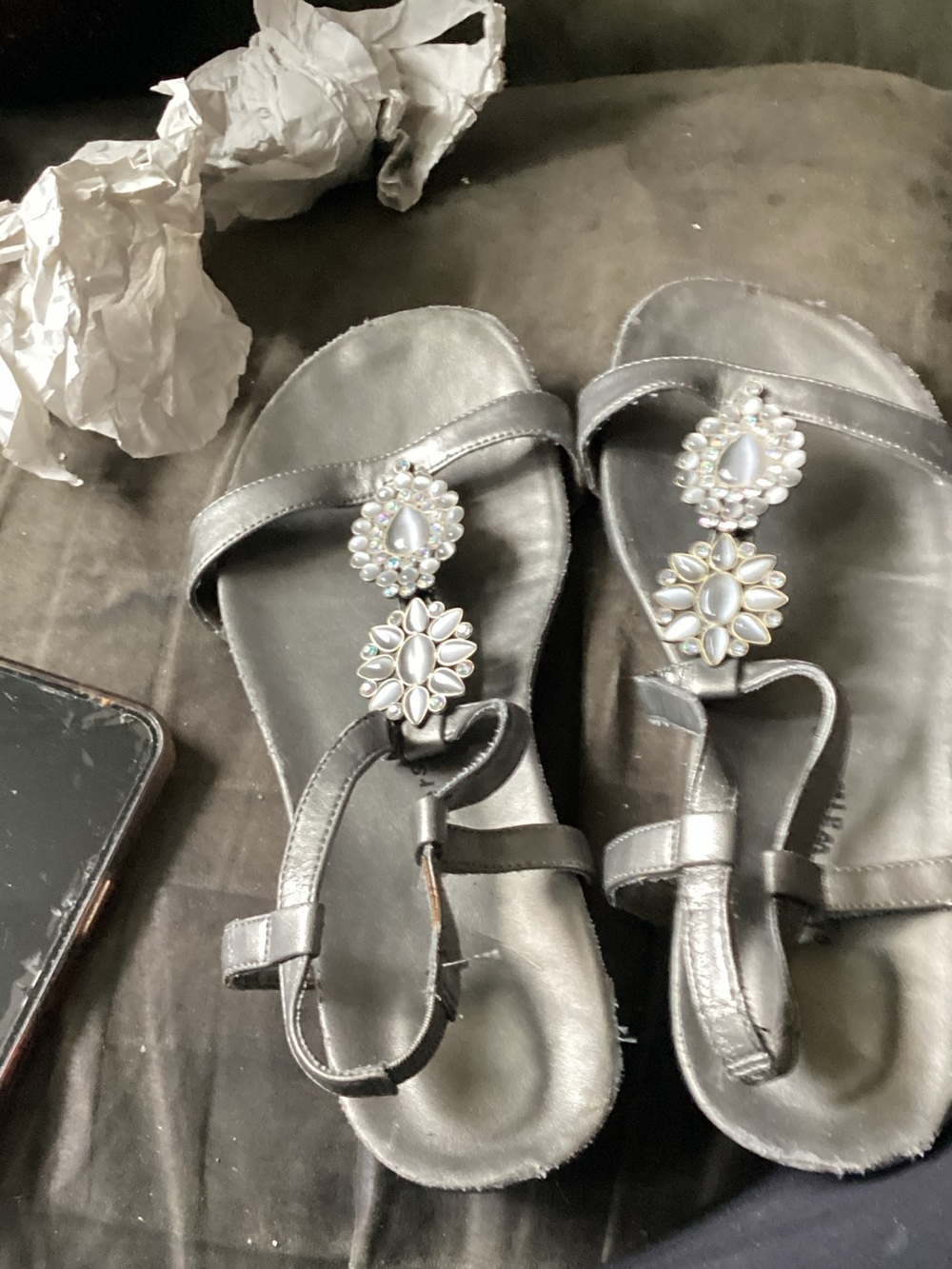Women's Jeweled Silver T-Strap Sandals Cloud walkers